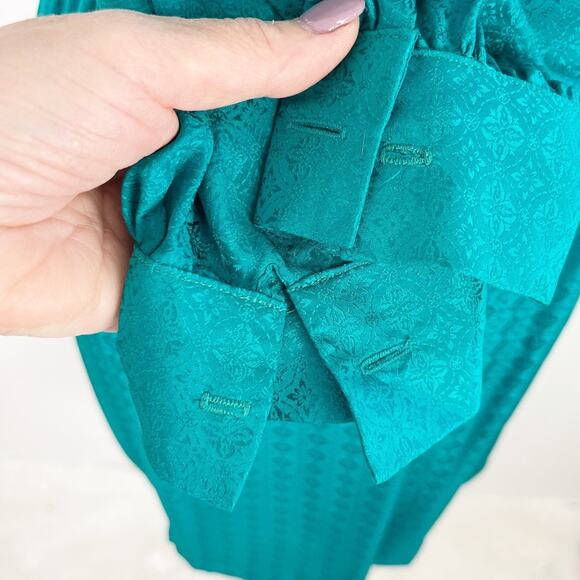 Vintage 80s Teal Silk Dress Wide Wrap Waist Shoulder Pads - Picture 6 of 11